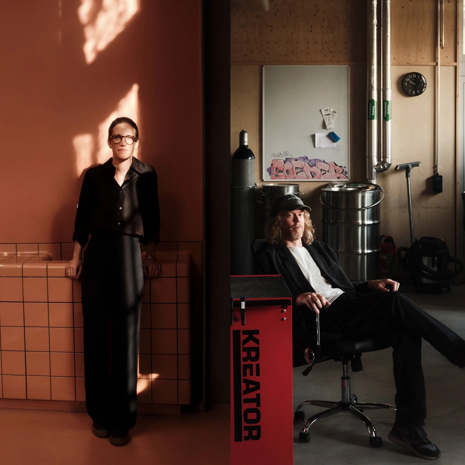Two people in workspaces: one standing in front of a terracotta-colored wall, one sitting in a workshop