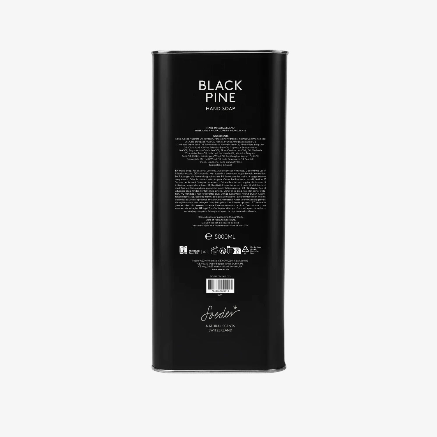 Hand Soap Black Pine von Soeder im schwarzen 5-Liter-Metallkanister