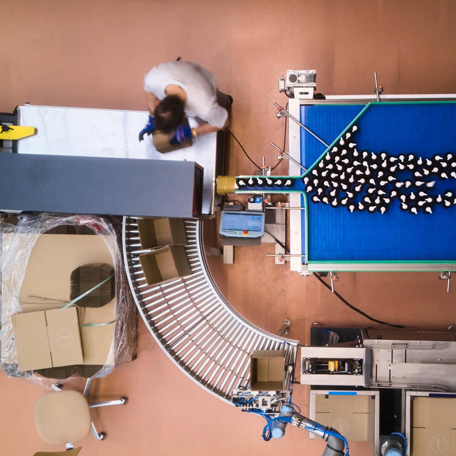 Production line viewed from above: a person packing bottles, a conveyor belt with cartons, and a filling machine
